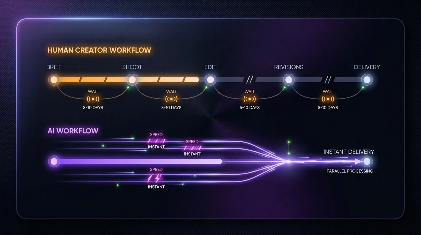 Turnaround time comparison — AI instant delivery vs human creator 5-10 day wait